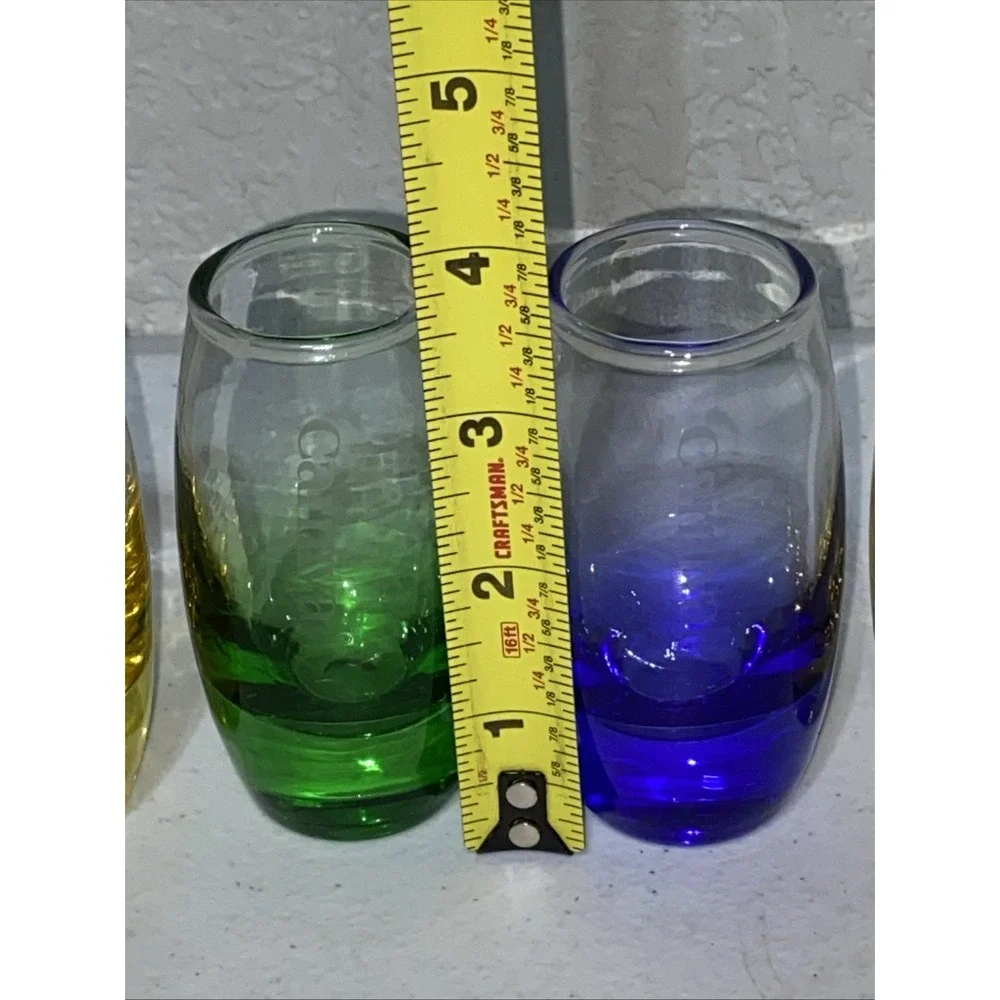 Set Of 4 Carnival Cruise Line Shot Glasses Heavy Weighted Yellow Blue Green 3.5